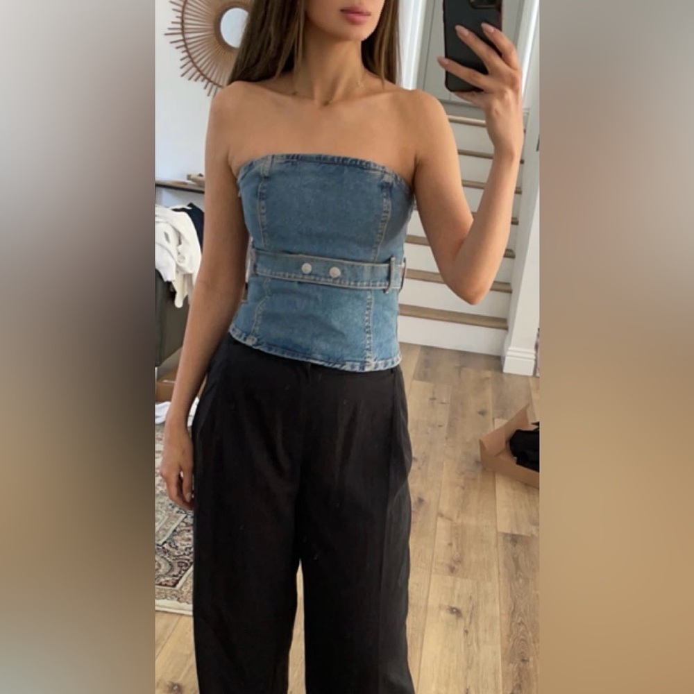 Zara Blue Denim Strapless Top